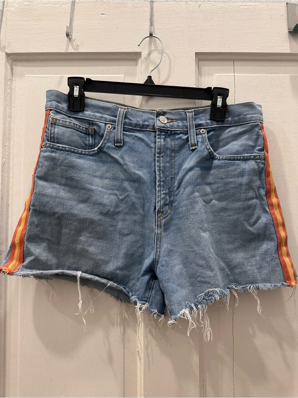 MADEWELL Light Wash Denim Shorts with Orange Stripe